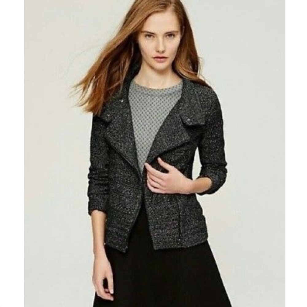LOFT Black Marled Tweed Knit Moto Jacket Sweater